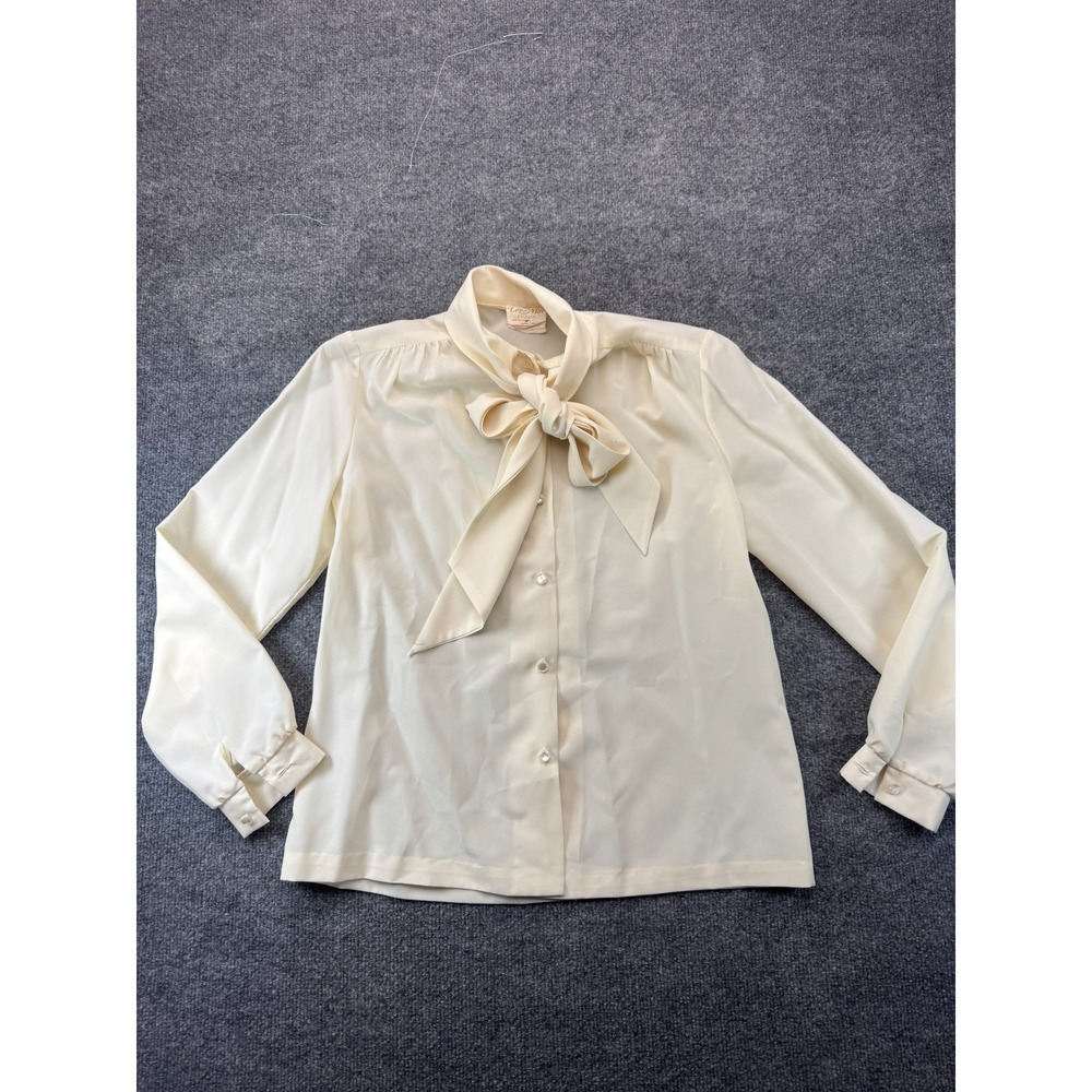 Vintage Lee Mar Pageant Shirt Top Womens 10 Cream Pus*y Bow Tie Button Front